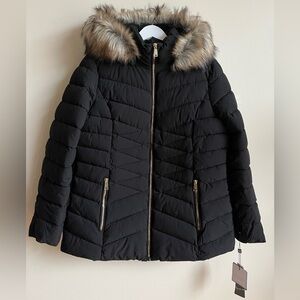 NWT Laundry By Shelli Segal Womens L Black Quilted Puffer Jacket & Faux Fur Hood